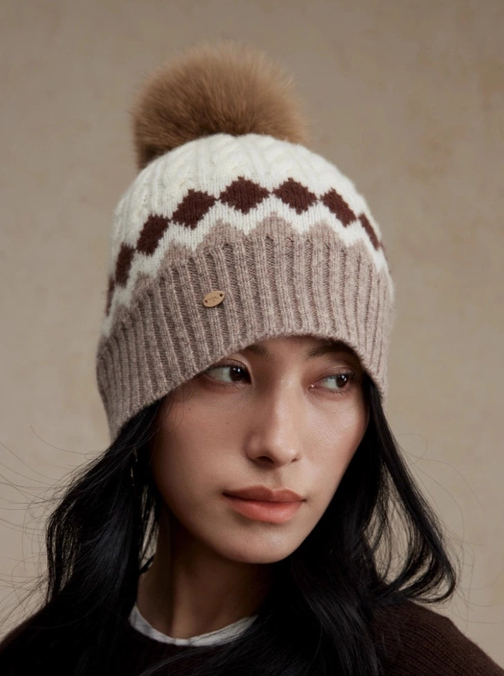 Merino Wool Beanie Hat with Fox Fur Pom OESLO