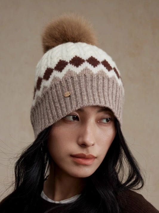 Merino Wool Beanie Hat with Fox Fur Pom