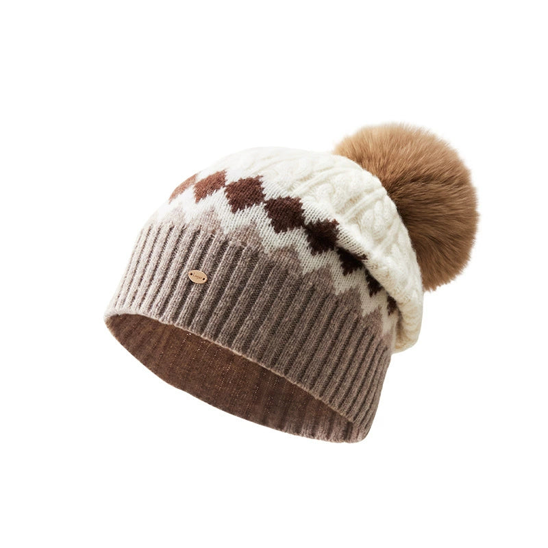 Merino Wool Beanie Hat with Fox Fur Pom OESLO