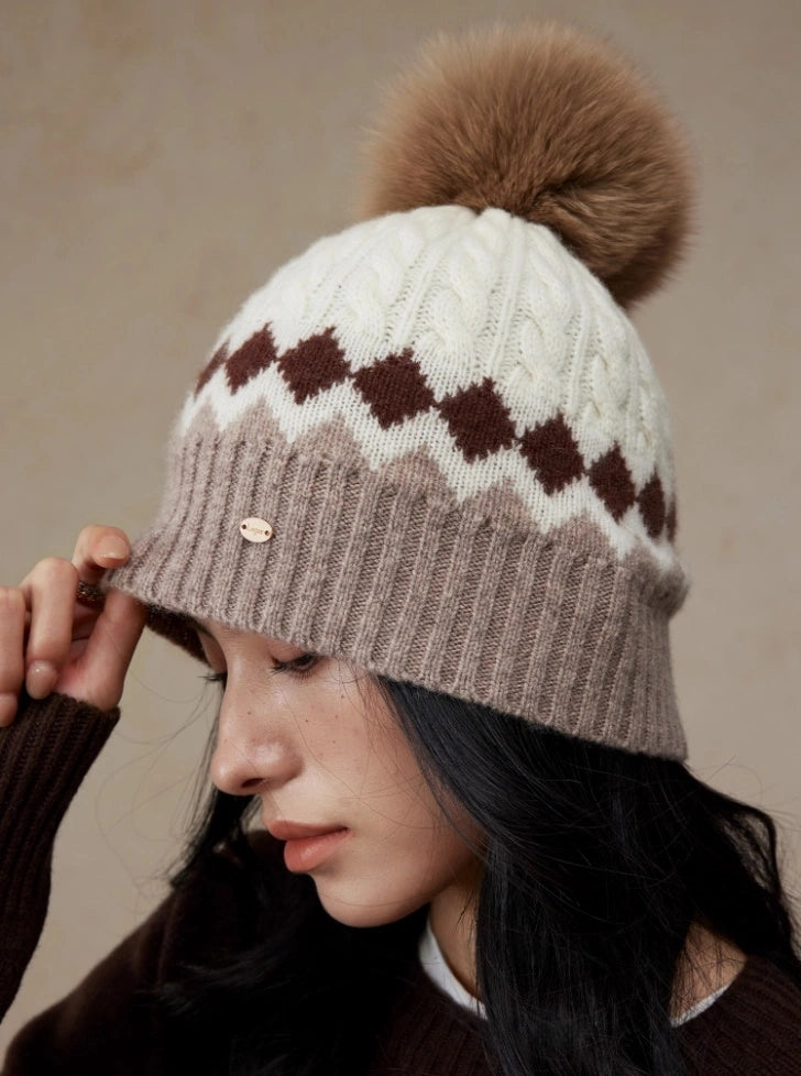 Merino Wool Beanie Hat with Fox Fur Pom OESLO