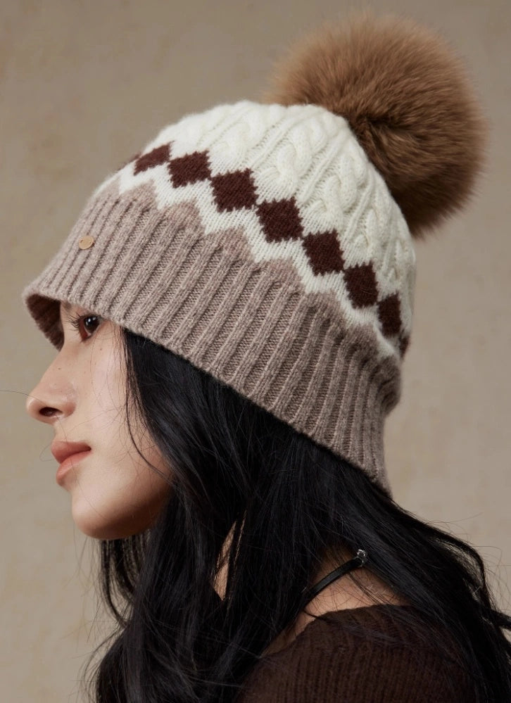 Merino Wool Beanie Hat with Fox Fur Pom OESLO