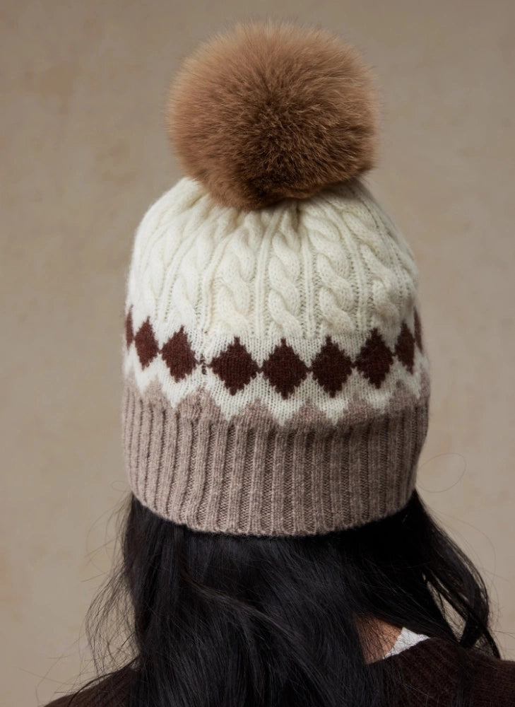 Merino Wool Beanie Hat with Fox Fur Pom OESLO