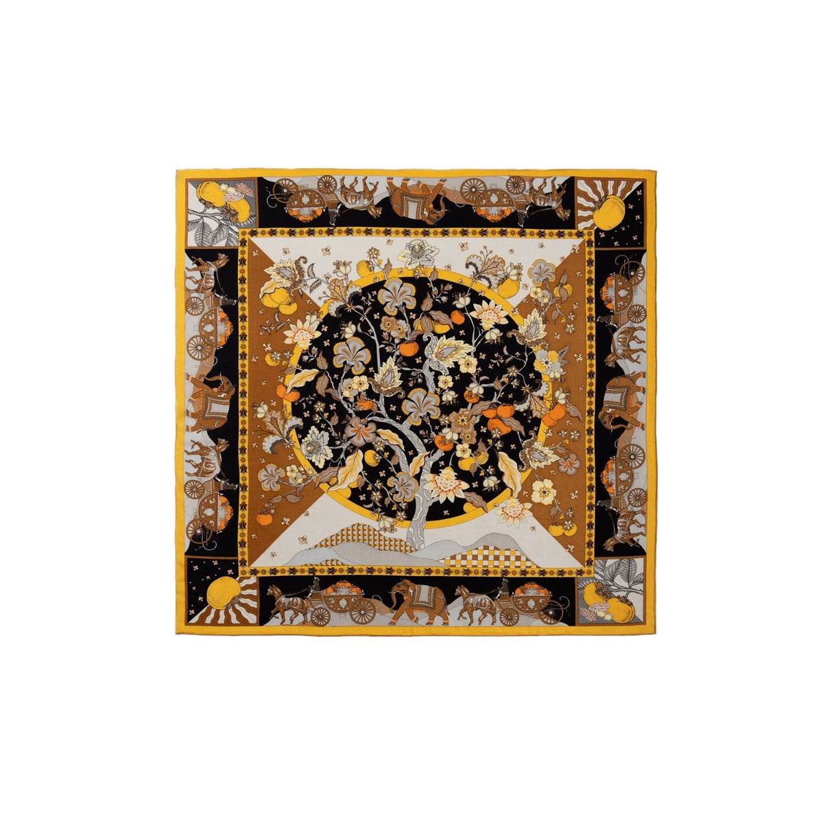 Silk Wool Square Scarf - Persimmon Tree Print | Yellow, 130*130cm, elegant floral design with carriages, perfect for fashion, lightweight, luxurious.
