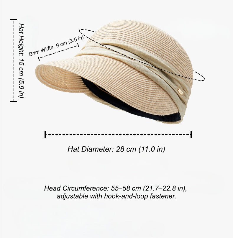 Adjustable pleated ribbon beach visor hat with size guide and foldable sun protection design