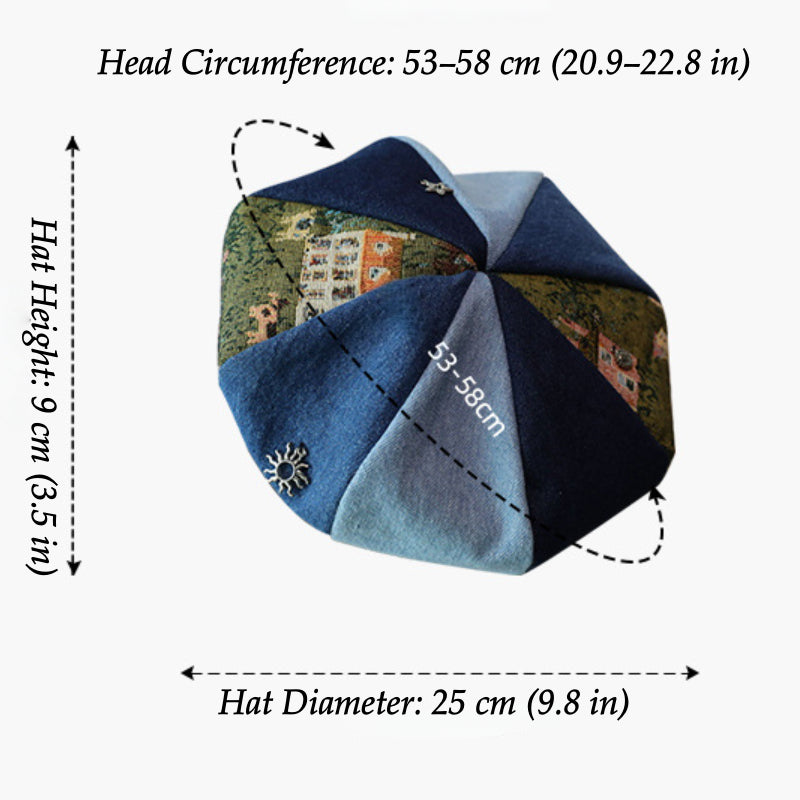 Size guide for retro jacquard denim beret hat with 53–58 cm head circumference