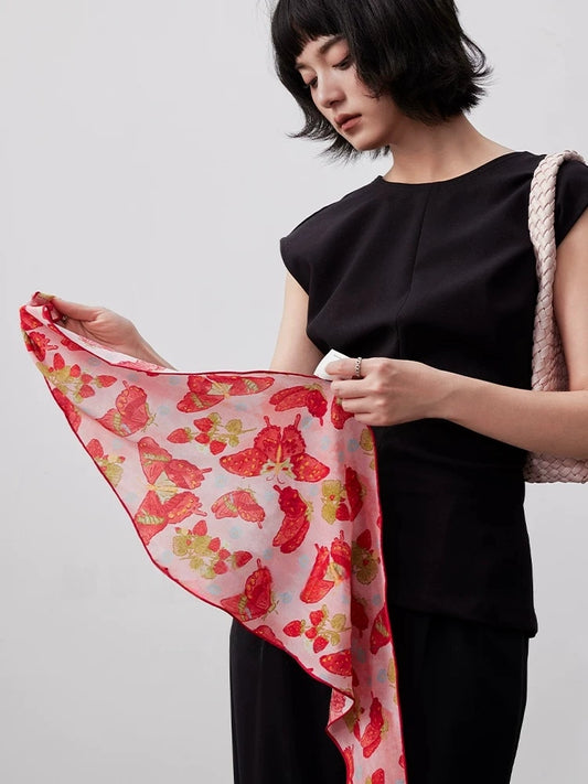 Berry red mulberry silk scarf fully unfolded, butterfly and berry pattern, soft lightweight fabric