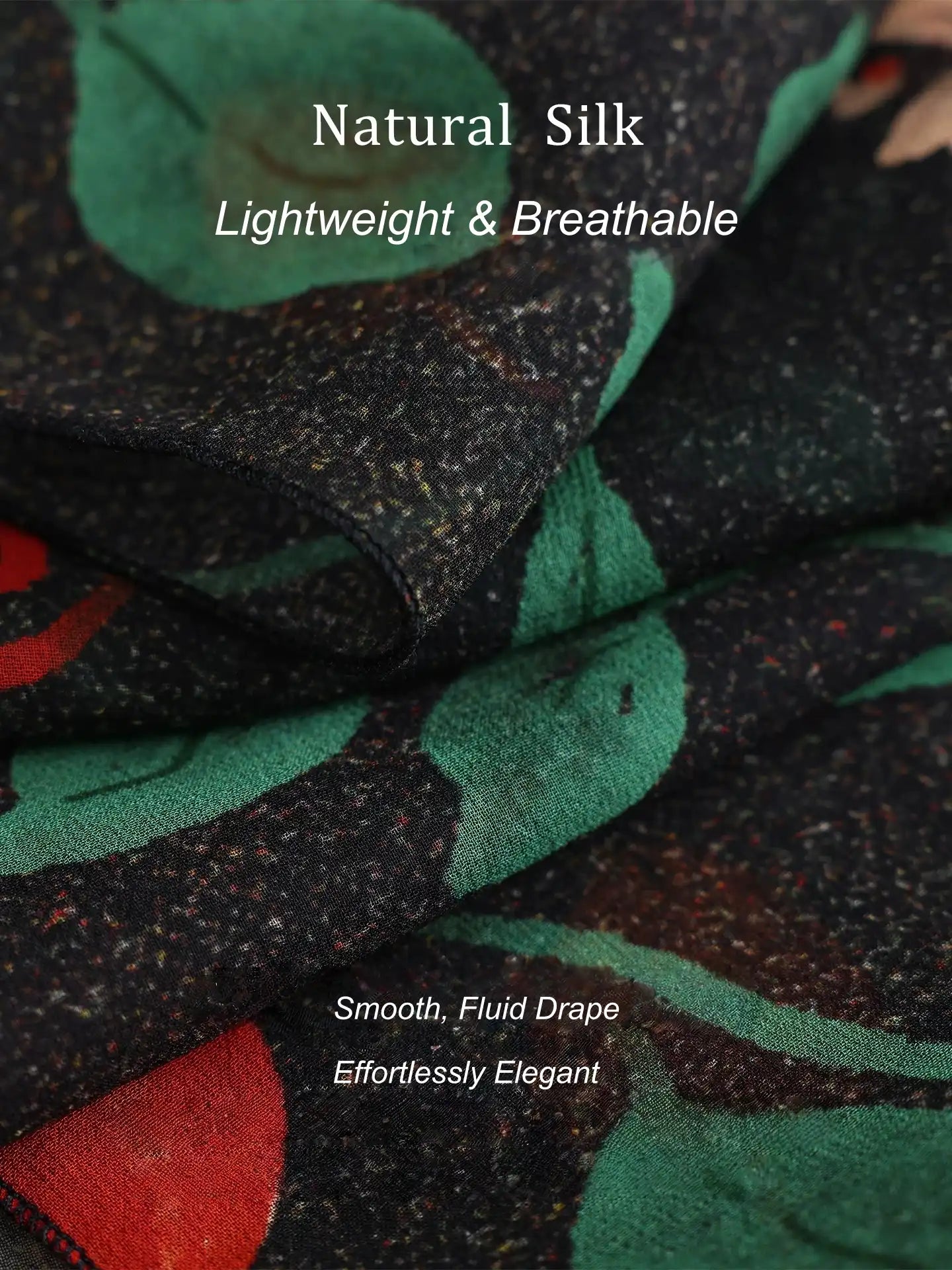 Close-up of sheer black silk georgette scarf with botanical floral print