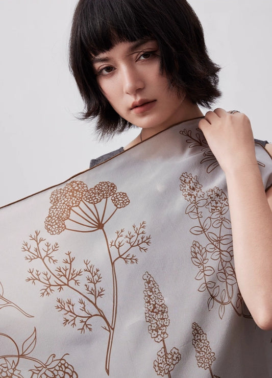 elegant silk scarf for women botanical pattern square silk scarf close-up