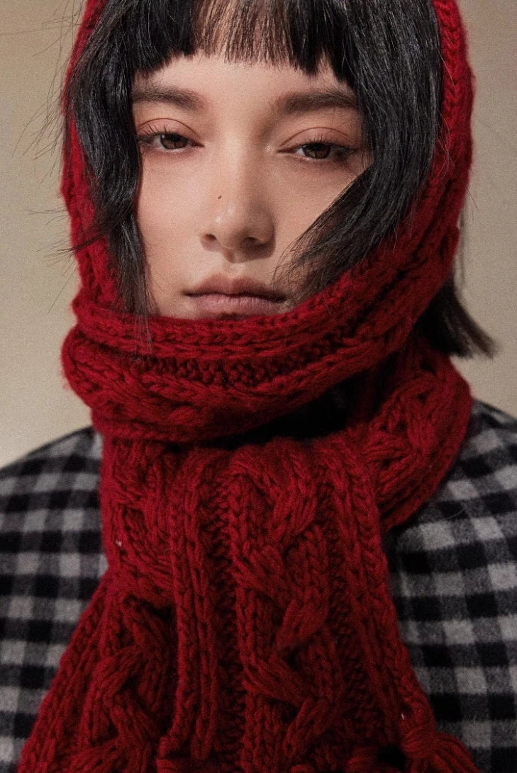 Écharpe d’hiver fine à torsades vintage | Crème et rouge