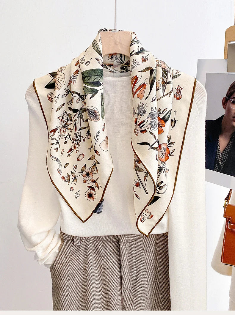 Women's vintage floral silk and wool square scarf with botanical pattern