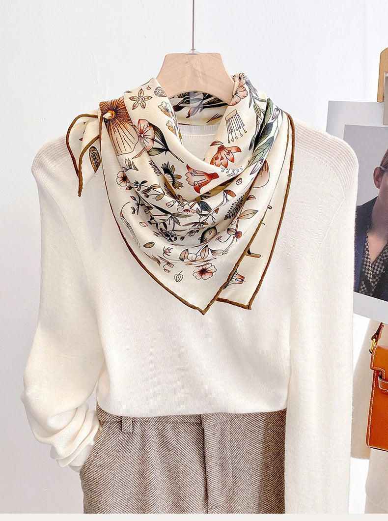 Classic floral silk wool square scarf styled for women