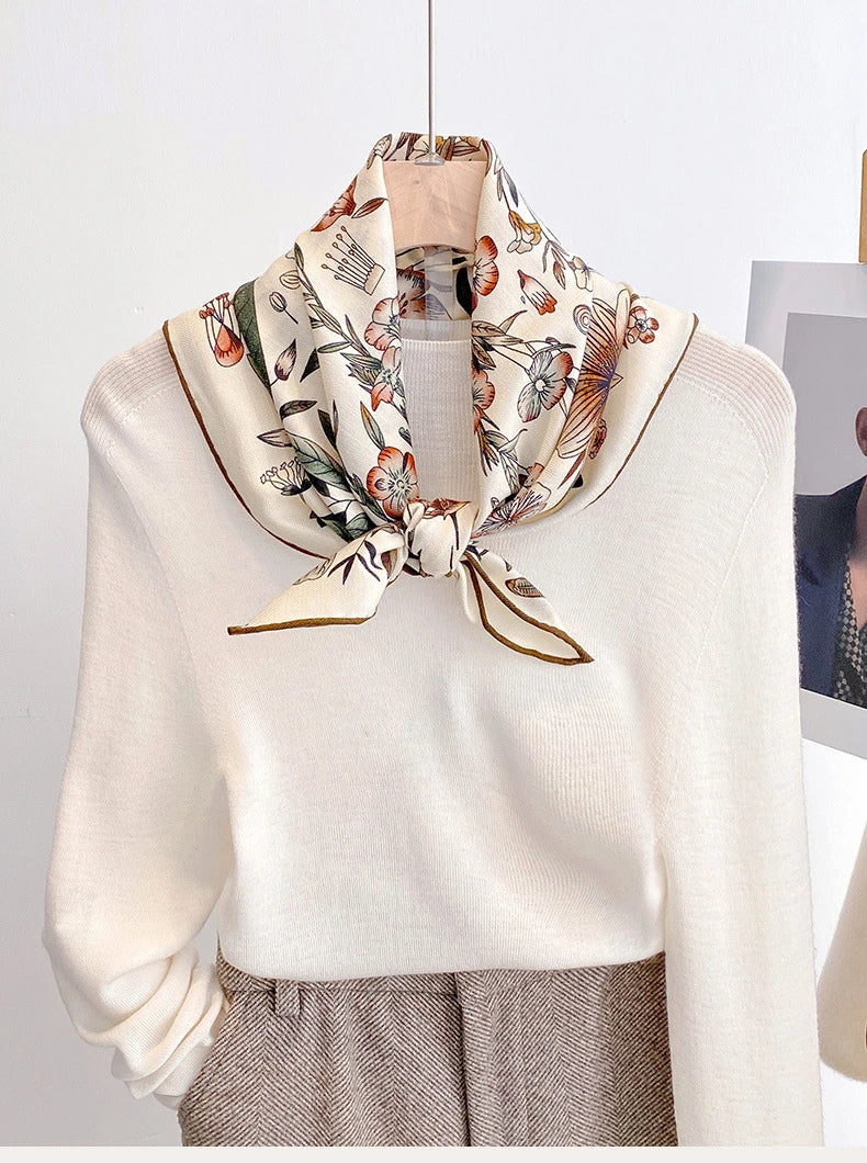 Elegant women's silk wool square scarf with vintage floral design
