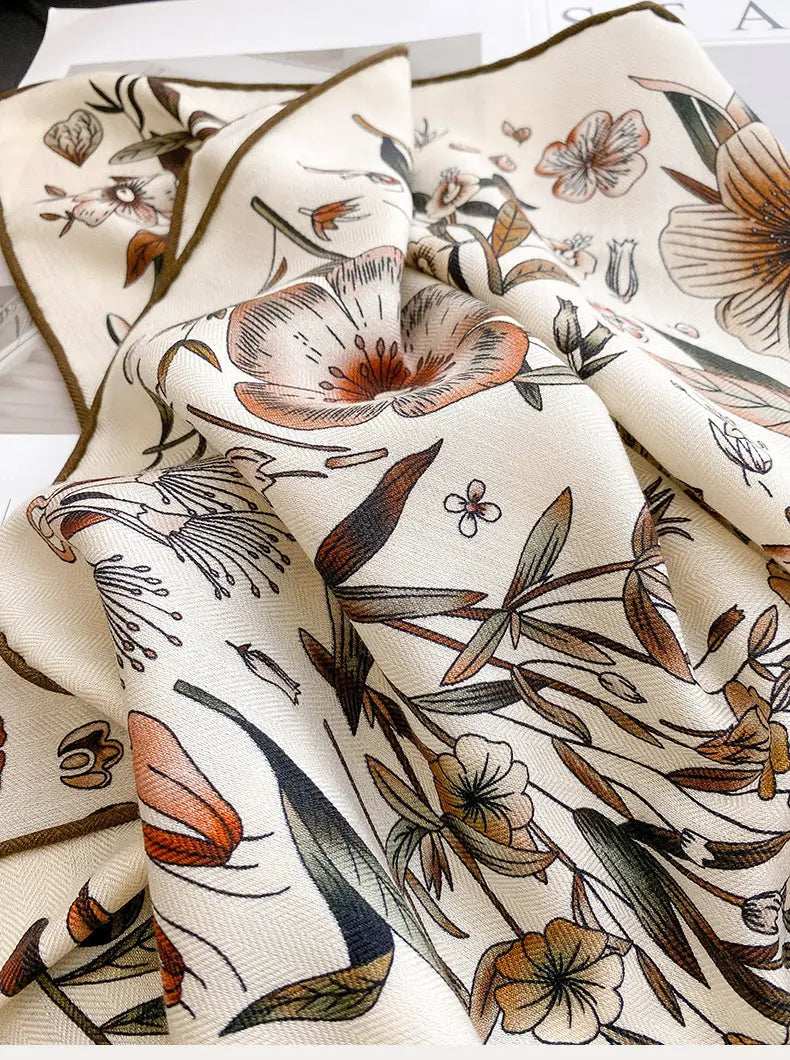 Close-up of silk and wool scarf fabric texture and floral pattern