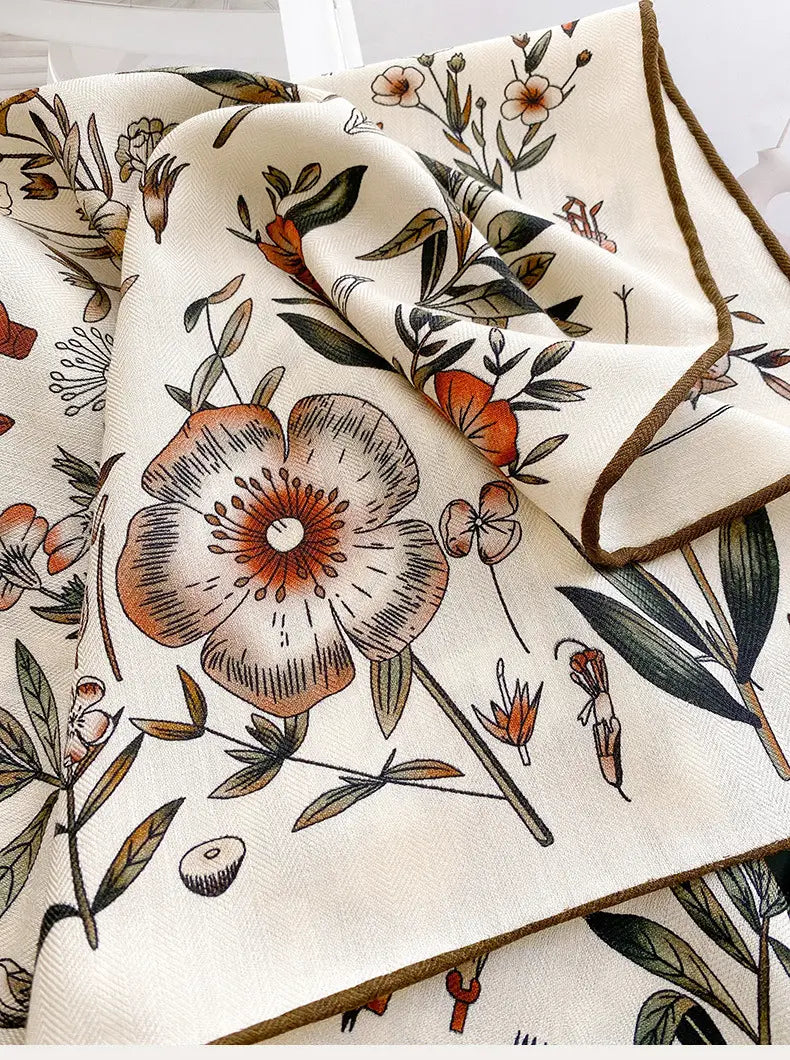 Vintage Floral Silk Wool Square Scarf – Elegant Double-Sided Neck Scarf