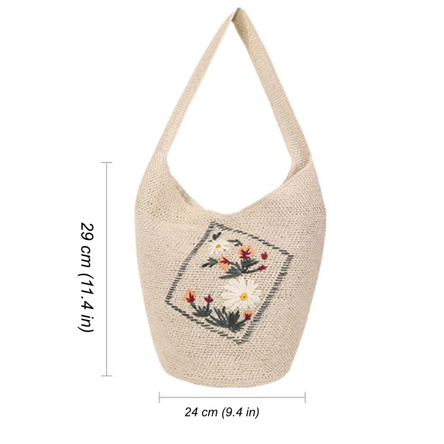 Ivory woven straw shoulder bag with floral embroidery and size measurement for summer essentials