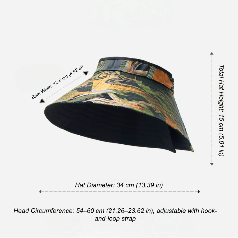 Jacquard wide brim sun visor hat size guide showing adjustable head circumference and foldable design.