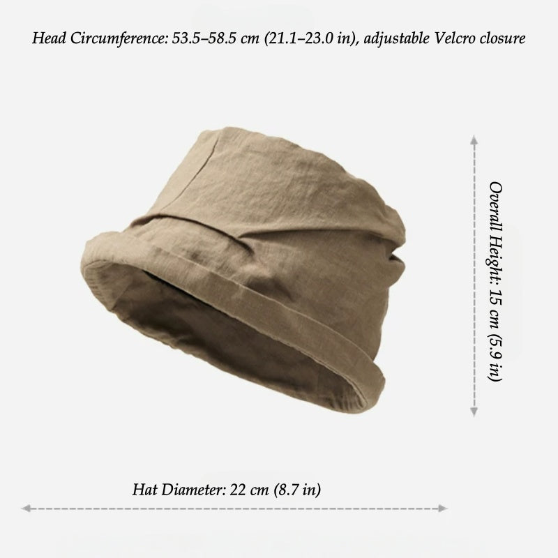 Khaki crinkled linen bucket hat showing foldable design and adjustable head circumference detail