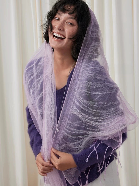 Light purple mulberry silk scarf styled as an airy hood and shoulder wrap