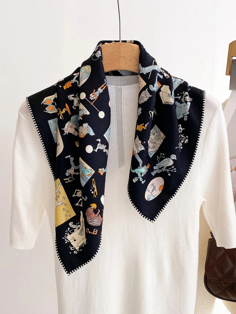 Playful Cartoon Print Silk Wool Square Scarf for Women | OESLO