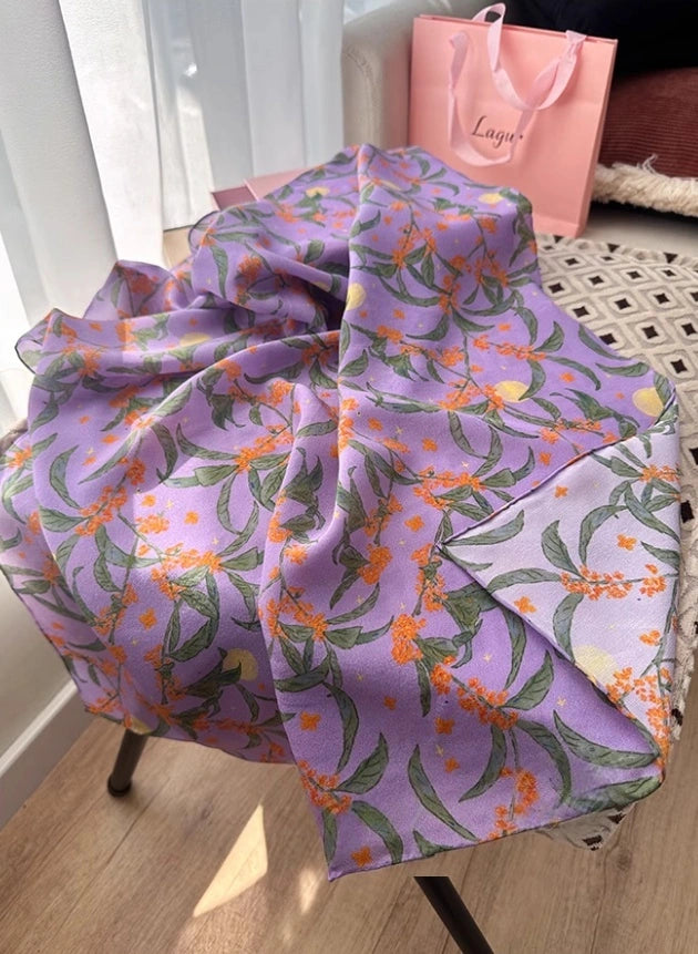 Purple osmanthus floral silk square scarf, 100% mulberry silk, displayed flat to highlight its intricate floral design.