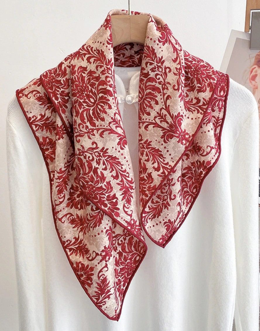 Red Floral Silk Wool Square Scarf – Vintage Elegant Style - OESLO