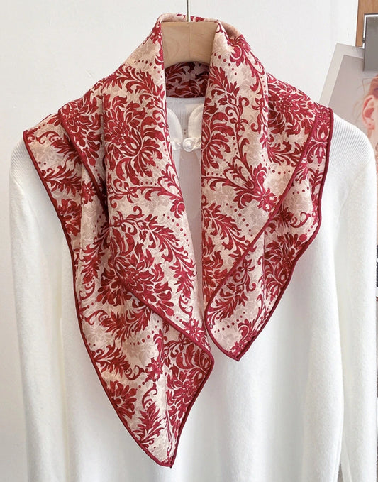 Red Floral Silk Wool Square Scarf – Vintage Elegant Style - OESLO