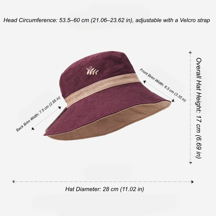 Reversible embroidered bucket hat size guide with brim, height, diameter, and adjustable head circumference