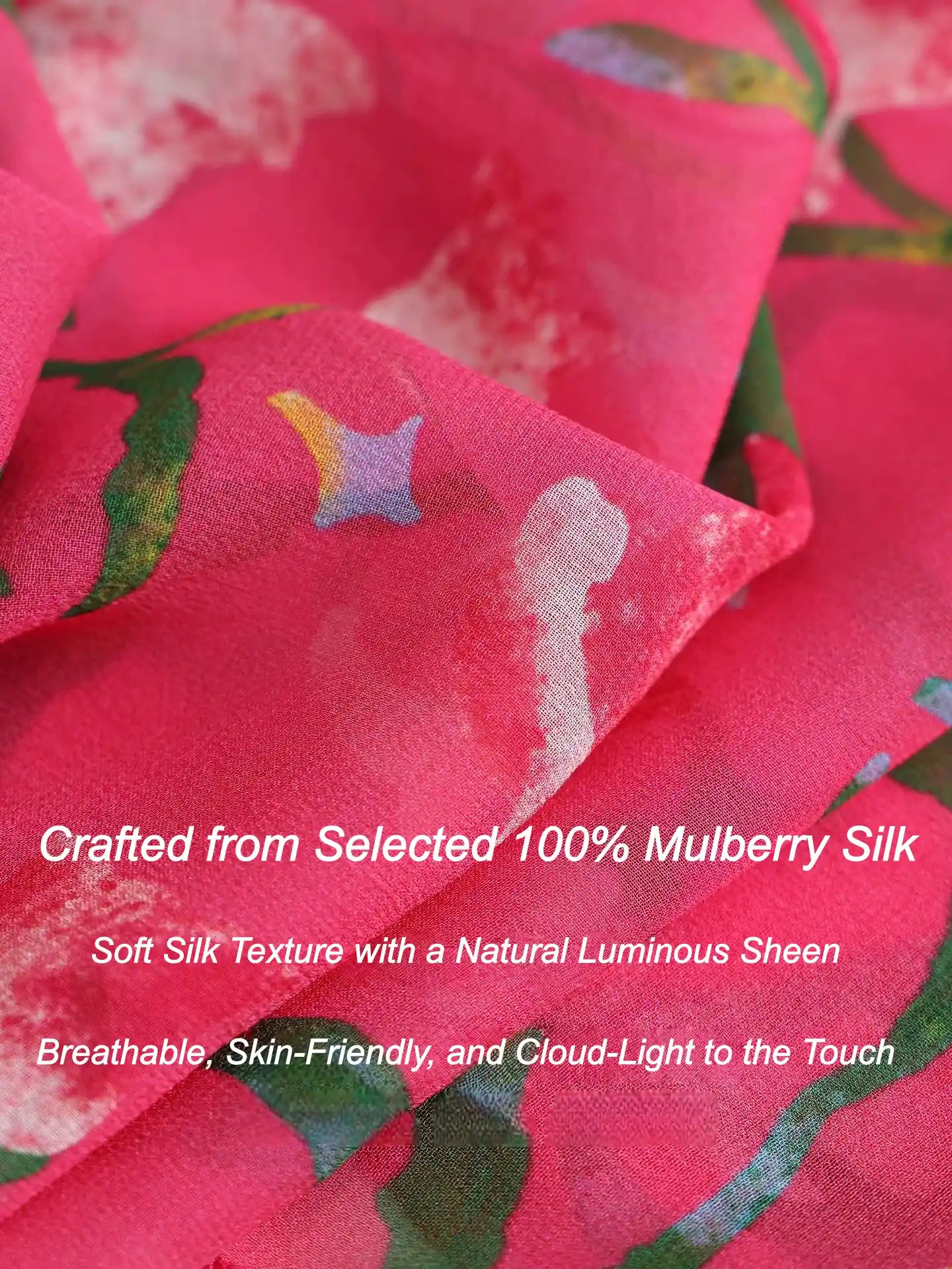 Close-up of rose red morning glory silk georgette scarf showing sheer texture and floral print