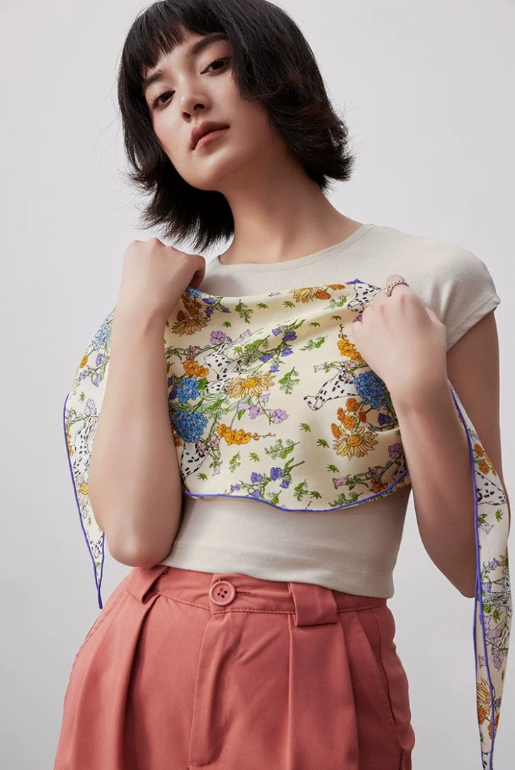 Floral silk scarf styled as a top, mulberry silk fashion styling