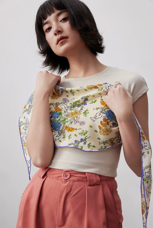 Floral silk scarf styled as a top, mulberry silk fashion styling