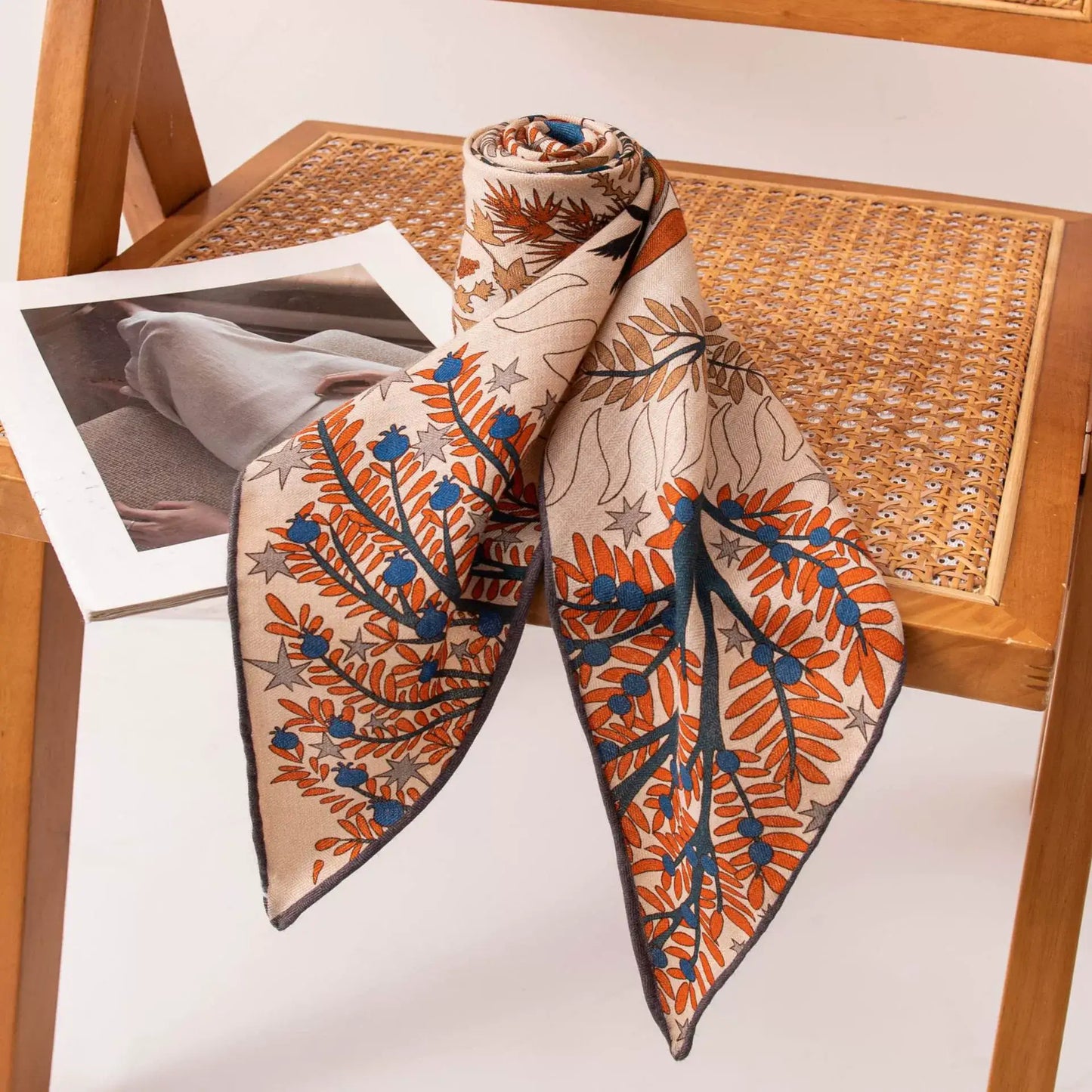 silk wool triangle scarf close up folded display double sided contrast color botanical design