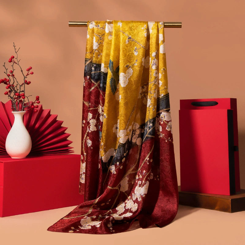 Wine red vintage floral long silk scarf with luxury mulberry silk texture and refined printed design.