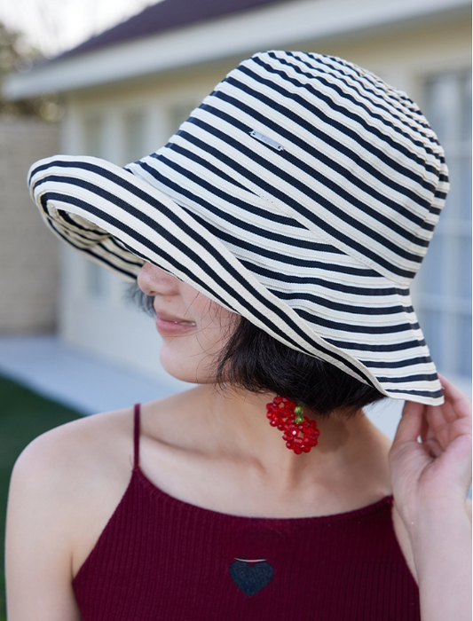 Striped Wide Brim Sun Protection Hat for Women - AOA Fashion Accessories