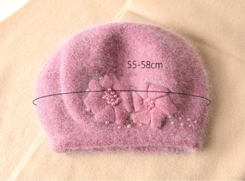 Women's Beret - With Floral Decoration and Beading