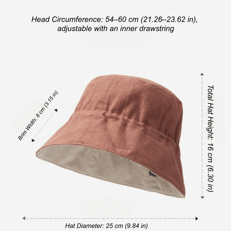 Reversible cotton linen bucket hat size guide with adjustable 54–60 cm fit and 8 cm brim