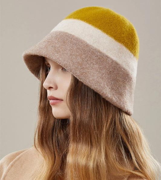 Wool Bucket Hat – Colorblock Winter Hat for Women