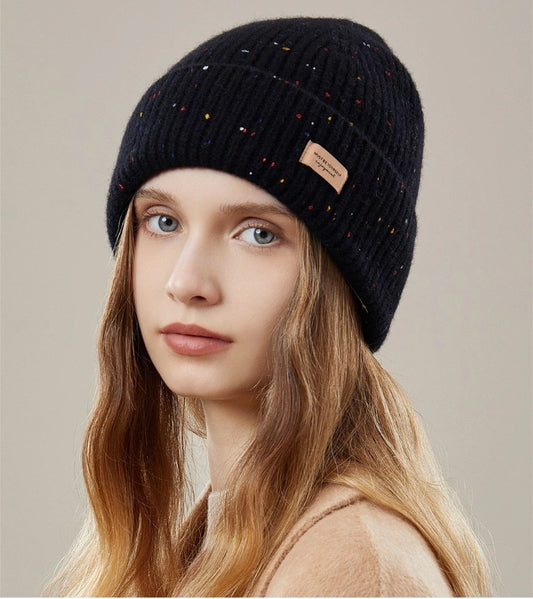 Wool Knit Beanie – Colorful Dotted Winter Hat for Women