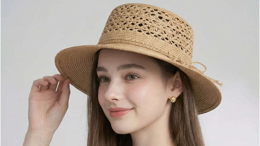 Raffia straw boater hat styled for summer beach travel and city outfits.