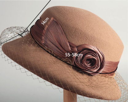 Wool Bowler Hat for Women - 100% Merino Wool with Rose & Veil Accent - OESLO