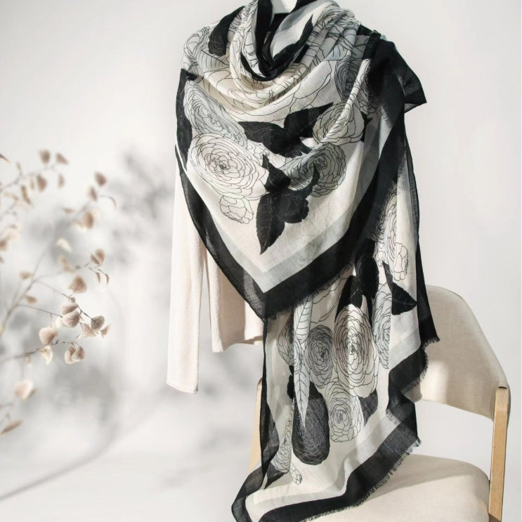 Large Wool Scarf - Camellia Floral Print - OESLO