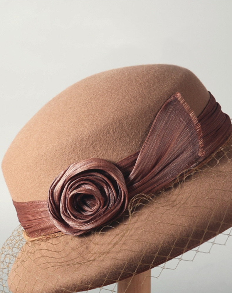 Wool Bowler Hat for Women - 100% Merino Wool with Rose & Veil Accent - AOA Fashion Accessories