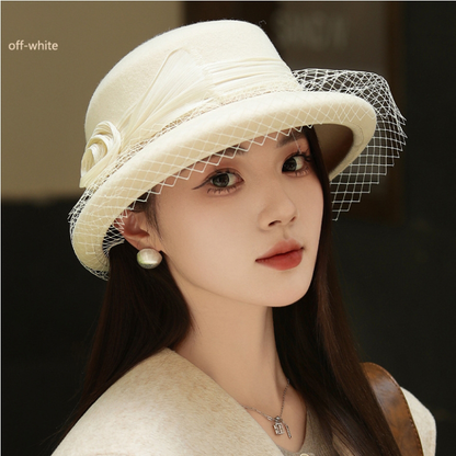Wool Bowler Hat for Women - 100% Merino Wool with Rose & Veil Accent - OESLO