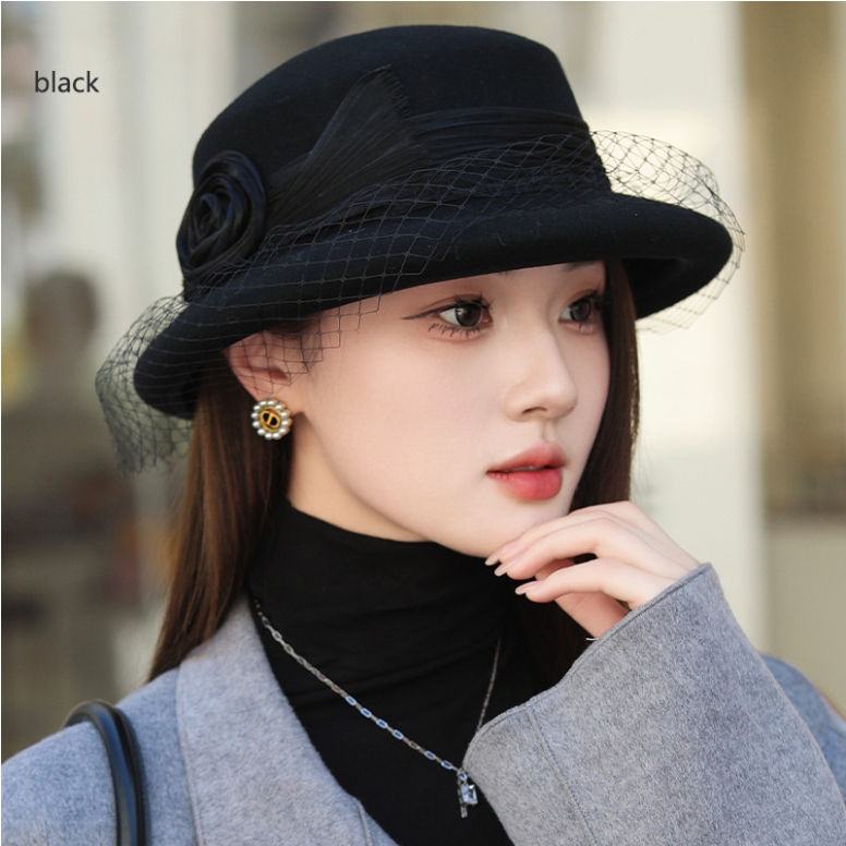 Wool Bowler Hat for Women - 100% Merino Wool with Rose & Veil Accent - OESLO