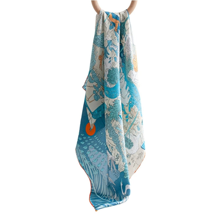 100% Mulberry Silk Scarf – Illustrated Wildlife Jungle Print Square Scarf - AOA Fashion Accessories