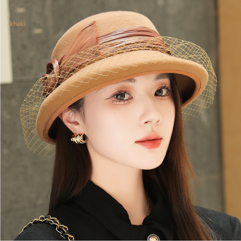 Wool Bowler Hat for Women - 100% Merino Wool with Rose & Veil Accent - OESLO