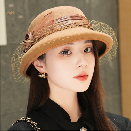 Wool Bowler Hat for Women - 100% Merino Wool with Rose & Veil Accent - OESLO