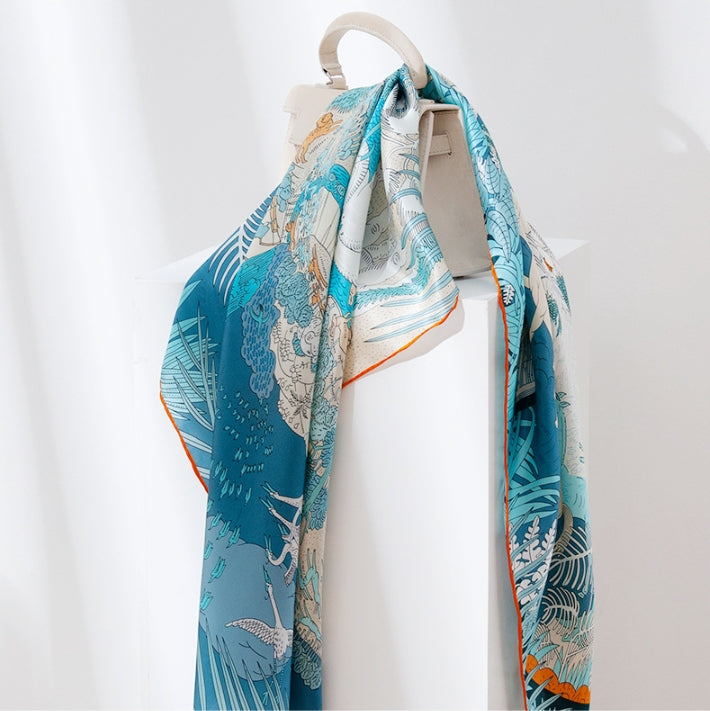 100% Mulberry Silk Scarf – Illustrated Wildlife Jungle Print Square Scarf - AOA Fashion Accessories
