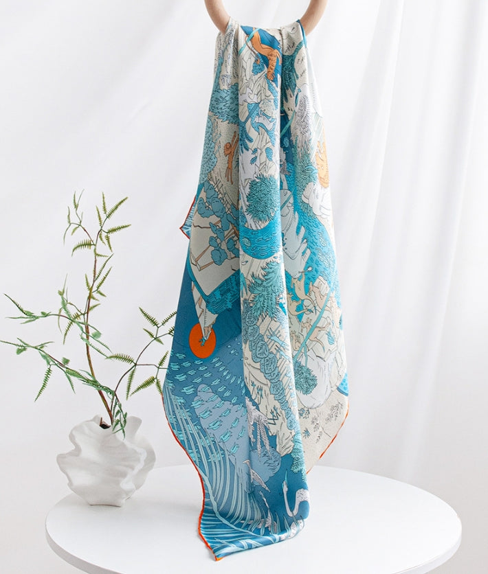 100% Mulberry Silk Scarf – Illustrated Wildlife Jungle Print Square Scarf - AOA Fashion Accessories