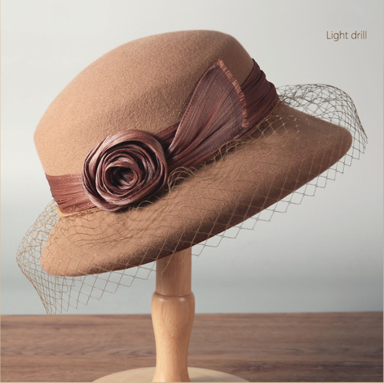 Wool Bowler Hat for Women - 100% Merino Wool with Rose & Veil Accent - OESLO