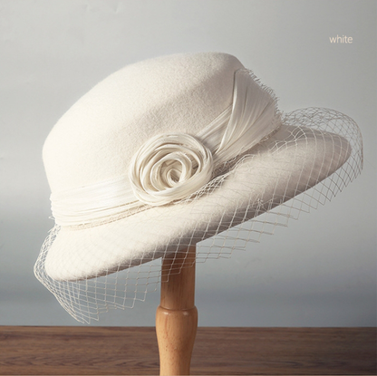 Wool Bowler Hat for Women - 100% Merino Wool with Rose & Veil Accent - OESLO